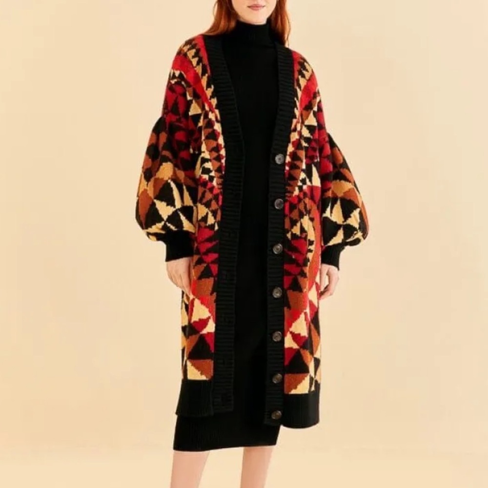 Farm Rio Cardigan Heart Art Deco Intarsia Maxi Knit Sweater Sz‎ S